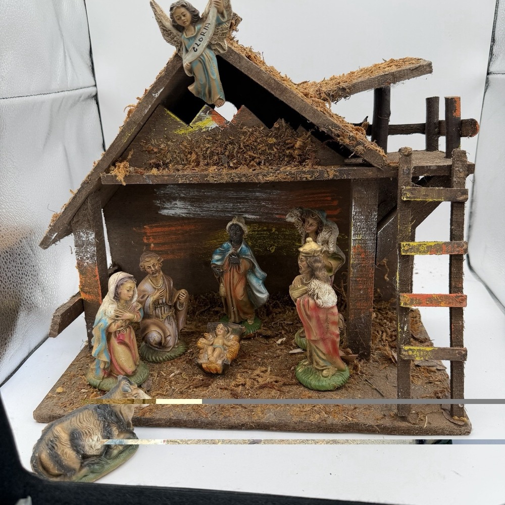 Vtg Italian Presepio Nativity Set 3.5" Scale Polymer Figures & Stable 8pc -1960s